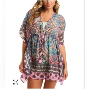Jessica Simpson Colorful Paisley Print Kaftan Dress Swim Cover Up Pink $72